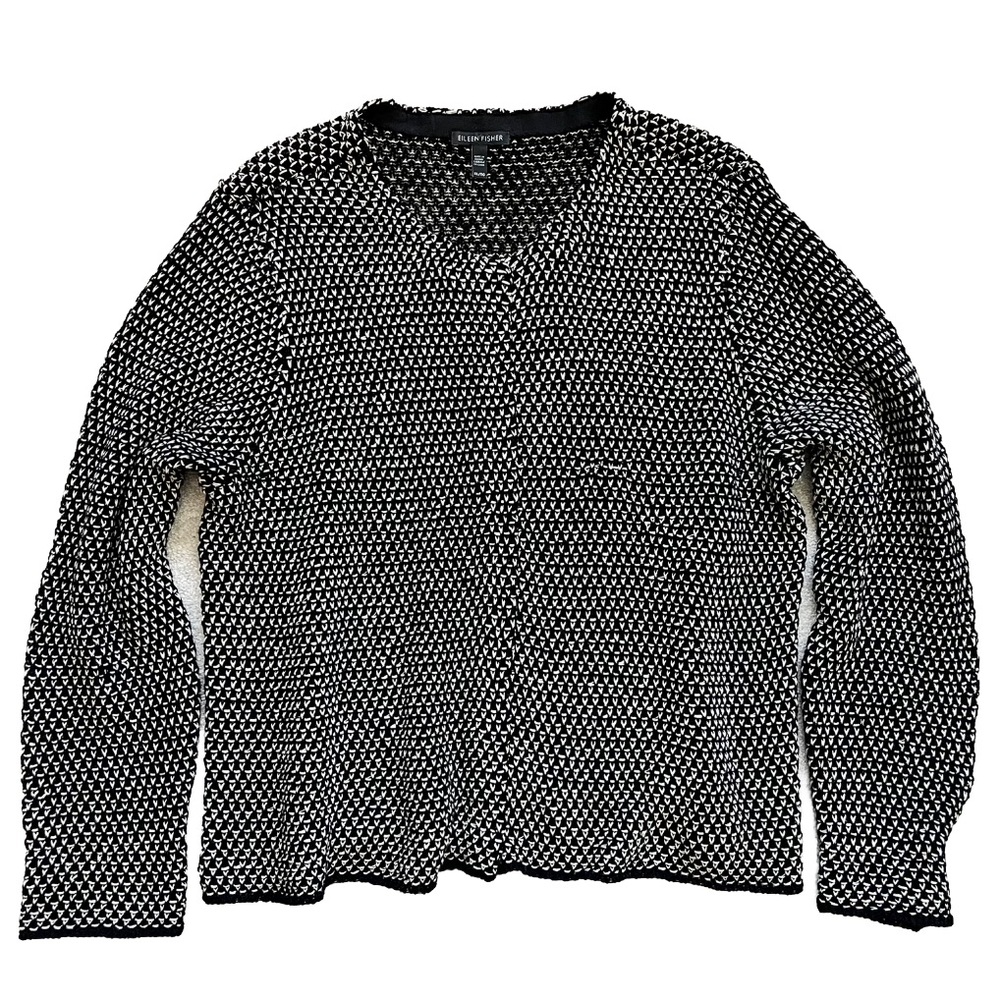 EILEEN FISHER Black & White Birds Eye Organic Linen/Cotton Blend Snap Up Sweater